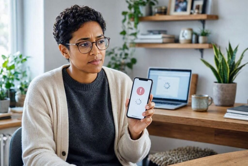 Uma pessoa com expressão de frustração leve olhando para a tela do celular