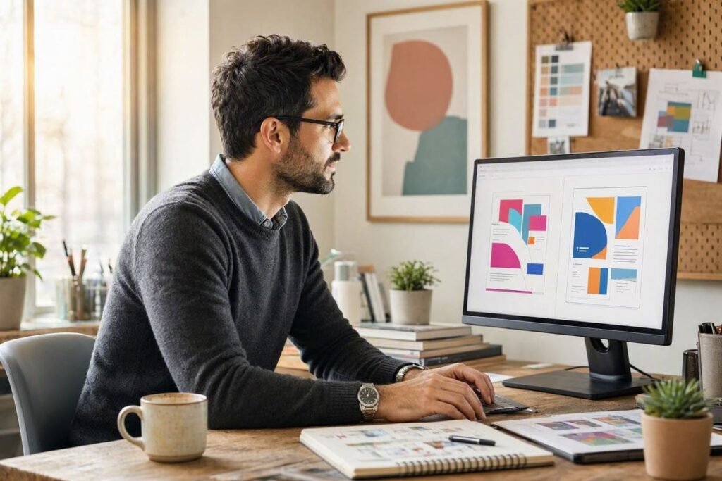 Pessoa comparando duas versões de um projeto de design em uma tela de computador