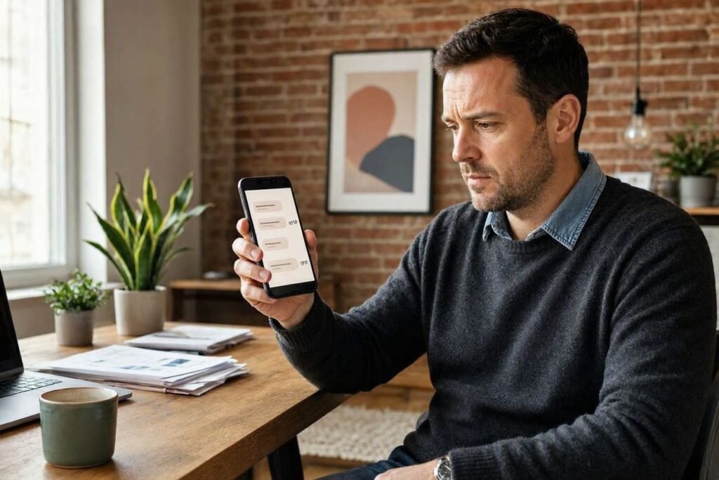Pessoa verificando no celular o status de entrega de uma mensagem enviada a um cliente