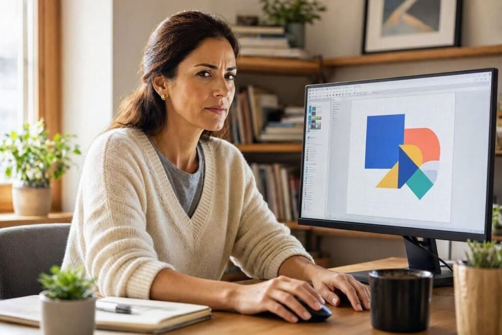 Pessoa em frente ao computador com um editor de design gráfico aberto na tela, expressão de leve impaciência