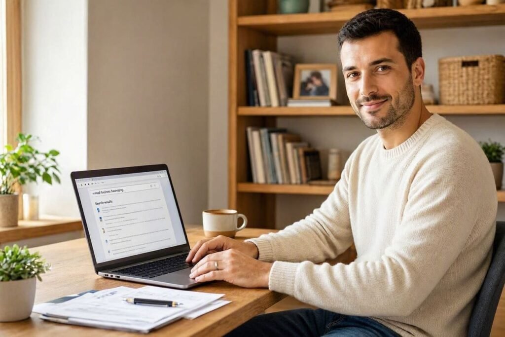 Pessoa pesquisando o próprio negócio em um mecanismo de busca pelo notebook