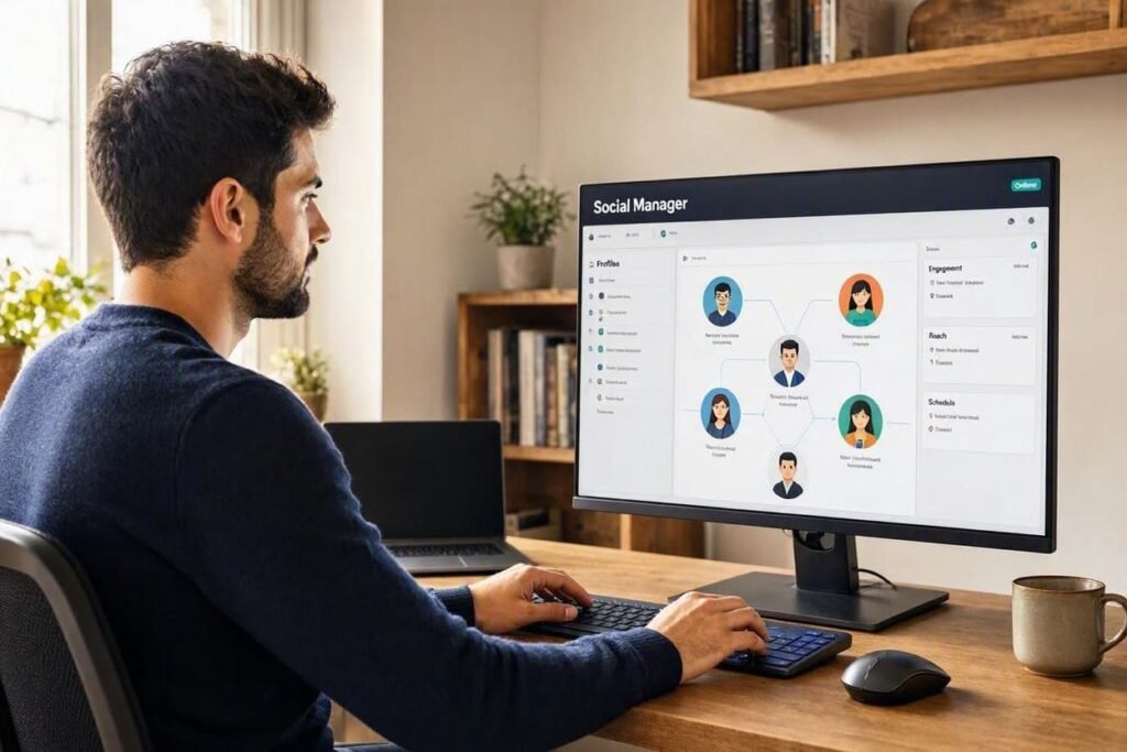 Pessoa usando computador para gerenciar contas de redes sociais em um painel centralizado