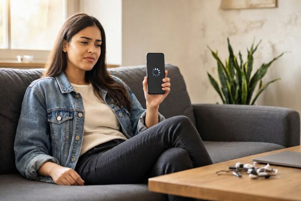 Pessoa segurando o celular com expressão de frustração ao tentar publicar um vídeo em uma rede social e o carregamento travado na tela
