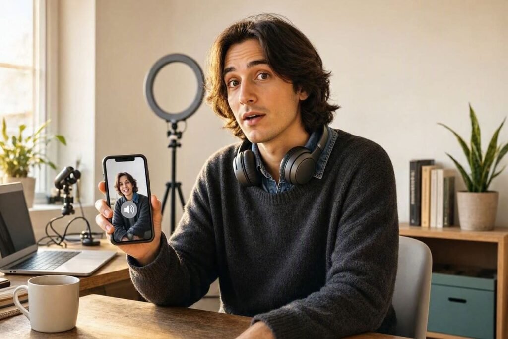 Pessoa editando um vídeo no celular com ícone de áudio silenciado em destaque na tela