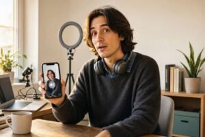 Pessoa editando um vídeo no celular com ícone de áudio silenciado em destaque na tela