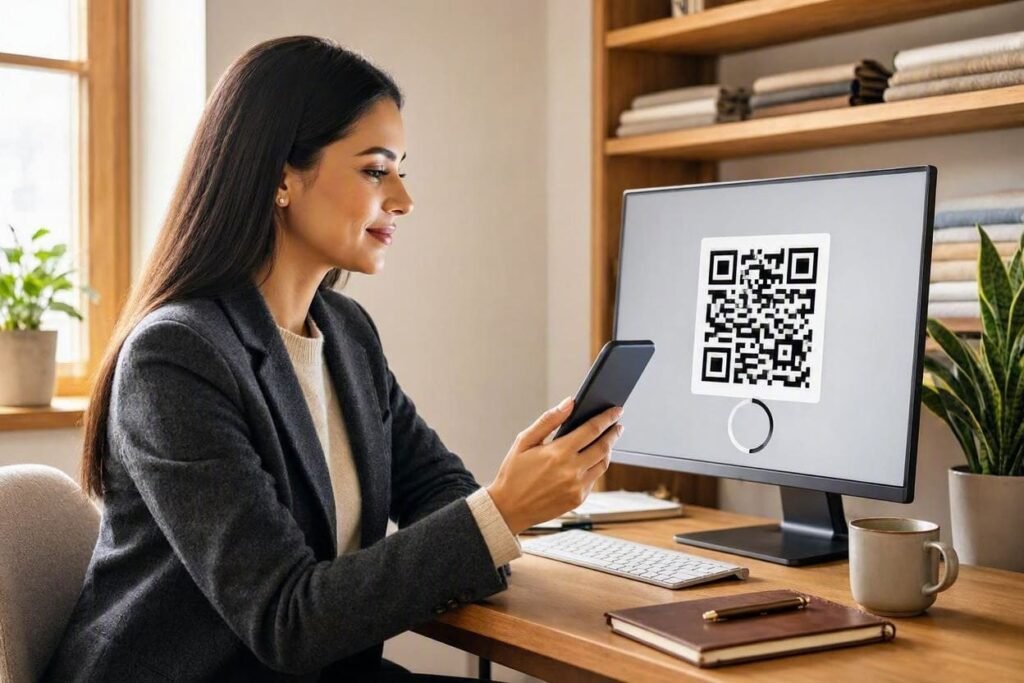 Pessoa em frente ao computador escaneando um código QR genérico com o celular para conectar um aplicativo de mensagens